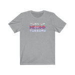 Dance tshirt heather grey with white letters and red-purple audiogram graphic