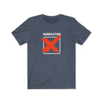 Gen x t-shirt with red X in a white box on heather navy shirt