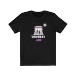 driveway jam fitness t shirt in black. image of two people dancing in front of a purple garage with a disco ball moon in the sky. words driveway jam