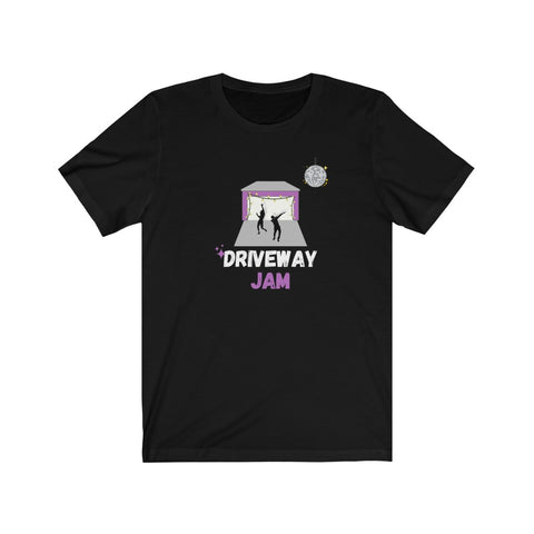 driveway jam fitness t shirt in black. image of two people dancing in front of a purple garage with a disco ball moon in the sky. words driveway jam