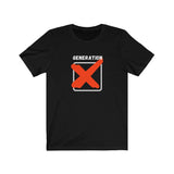 Gen x clothing store sells this black shirt with a red X in  a white box