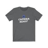 Work from home shirt - asphalt grey with white camera ready text and blue video camera icon